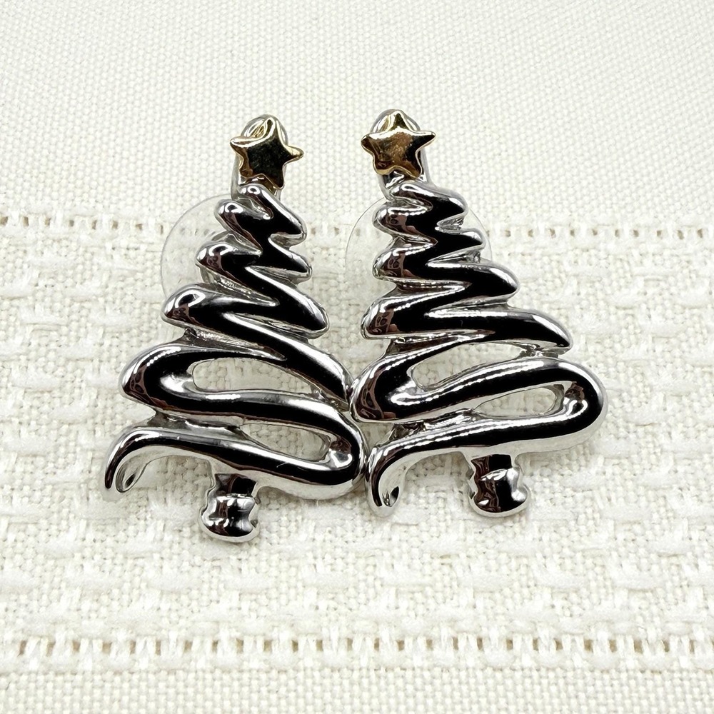 Vintage Cookie Lee Christmas Tree Silver/Gold Tone Scribble Pierced Earrings